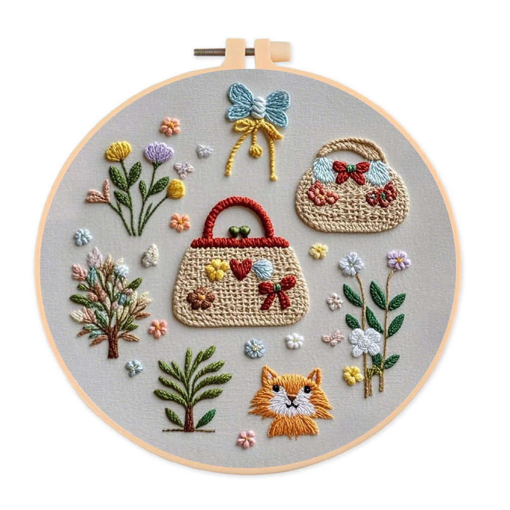 Rubbyoo Embroidery Kit- Cozy Pattern with Flowers, bags, cat |  Hand Stitch Easy Embroidery Kit for Beginners - image 0