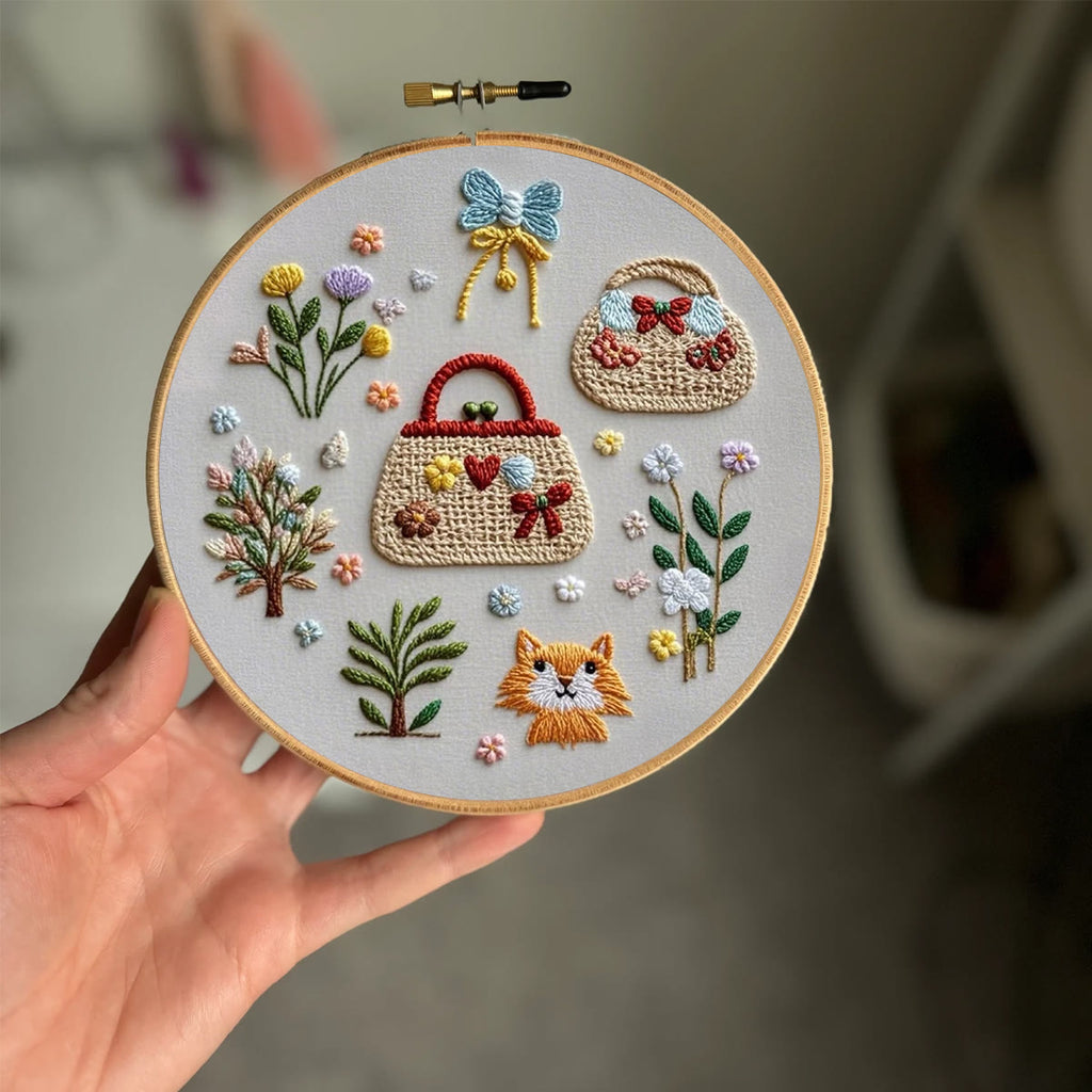 Rubbyoo Embroidery Kit- Cozy Pattern with Flowers, bags, cat |  Hand Stitch Easy Embroidery Kit for Beginners - image 1