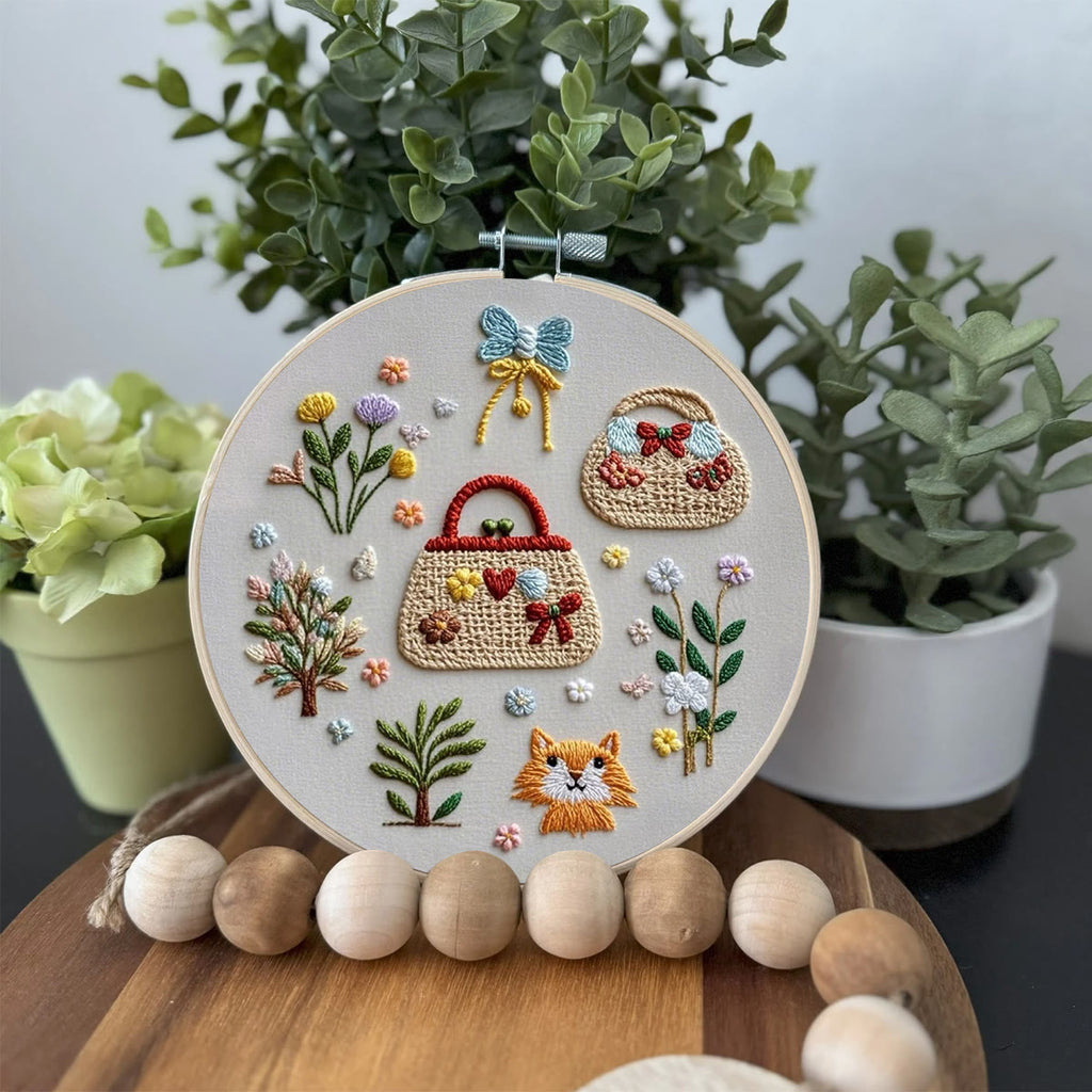 Rubbyoo Embroidery Kit- Cozy Pattern with Flowers, bags, cat |  Hand Stitch Easy Embroidery Kit for Beginners - image 3