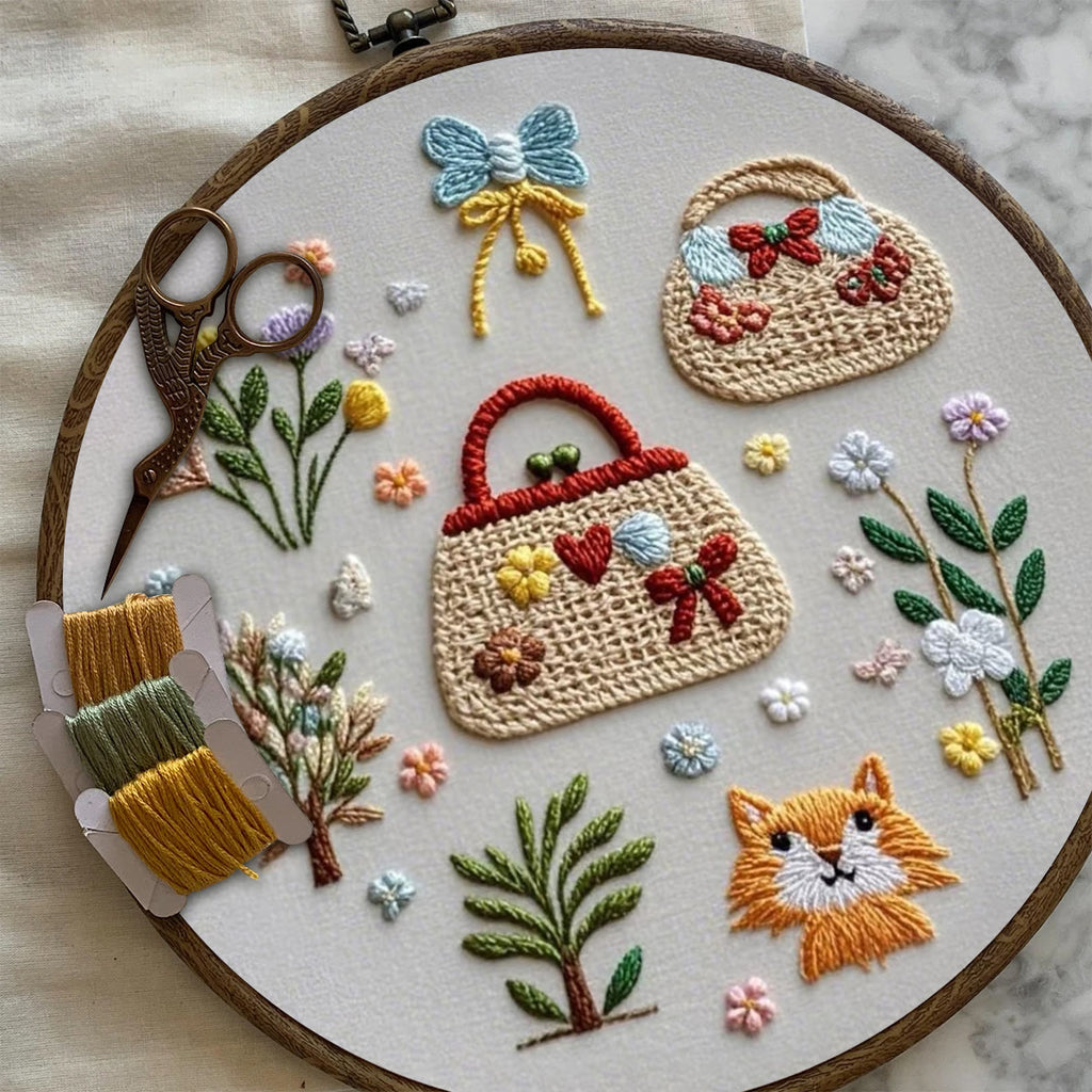 Rubbyoo Embroidery Kit- Cozy Pattern with Flowers, bags, cat |  Hand Stitch Easy Embroidery Kit for Beginners - image 6
