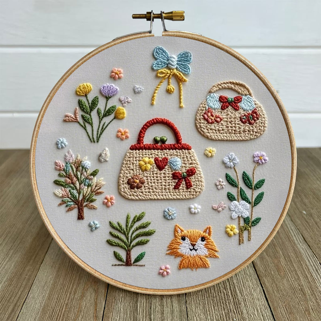 Rubbyoo Embroidery Kit- Cozy Pattern with Flowers, bags, cat |  Hand Stitch Easy Embroidery Kit for Beginners - image 4