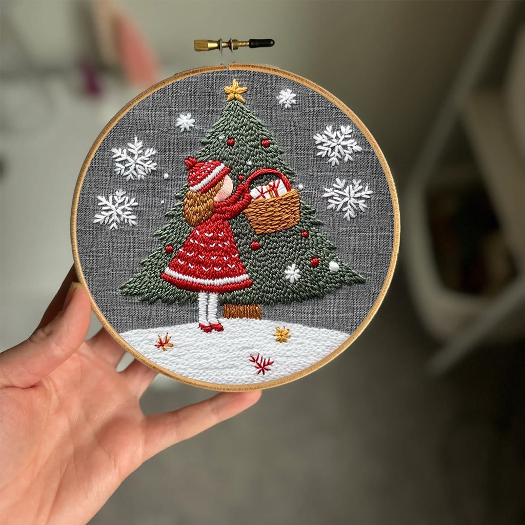Rubbyoo Embroidery Kit- Girl And Christmas Tree 2 | Holiday Needlework Gift Starter kit - image 1