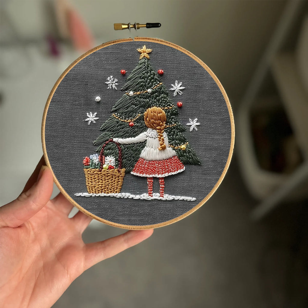Rubbyoo Embroidery Kit- Girl And Christmas Tree | Holiday Needlework Gift Starter kit - image 1