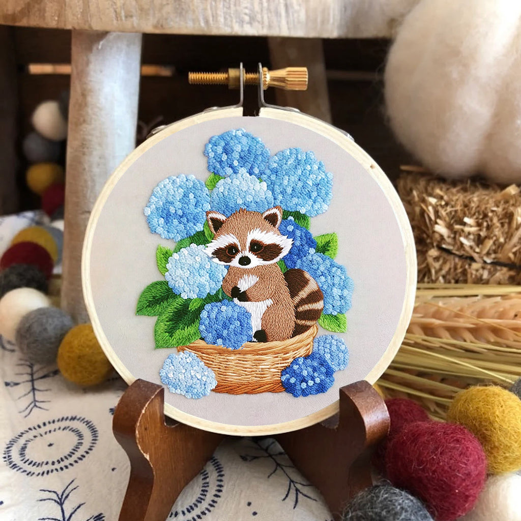 Rubbyoo Embroidery Kit- Cute Raccoon With Blue Flower Diy Craft Kits | For Craft Lover - image 1