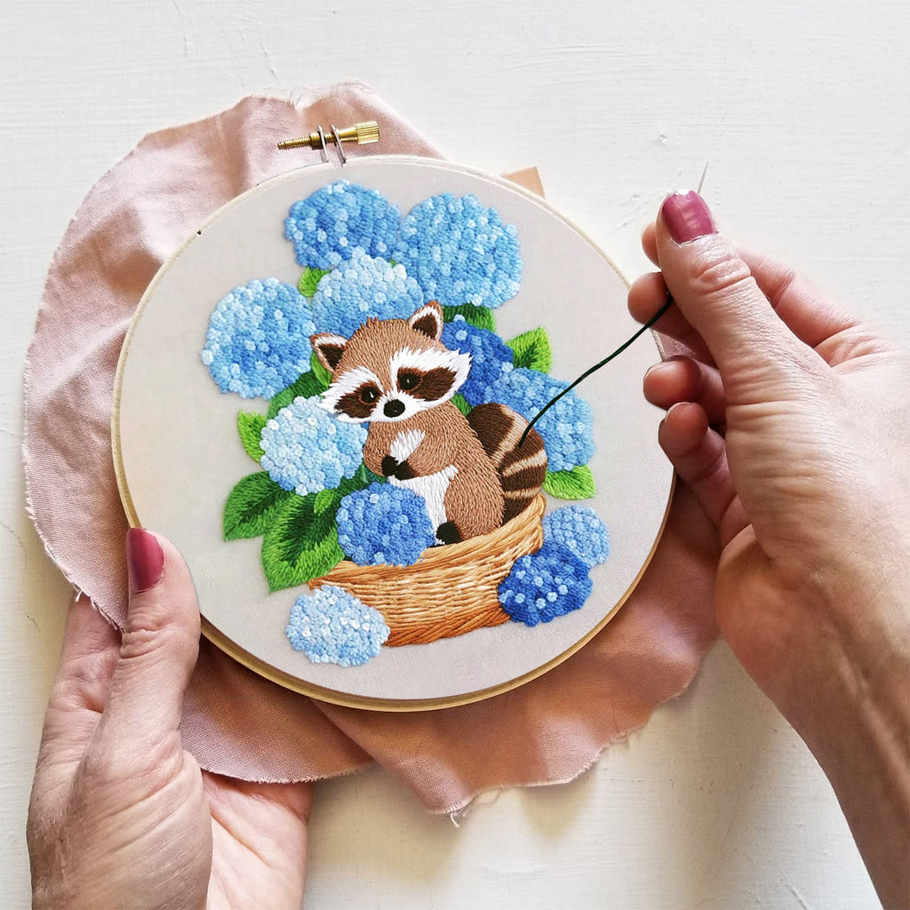Rubbyoo Embroidery Kit- Cute Raccoon With Blue Flower Diy Craft Kits | For Craft Lover - image 2