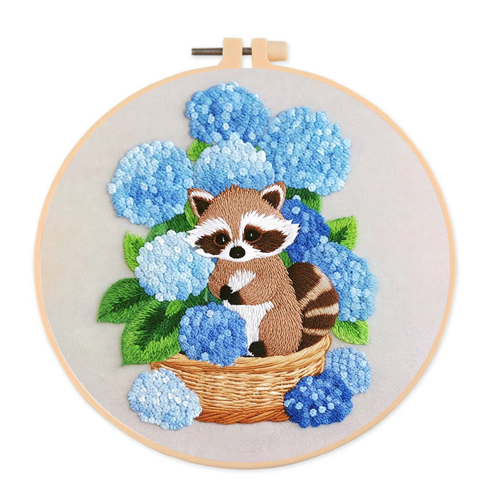 Rubbyoo Embroidery Kit- Cute Raccoon With Blue Flower Diy Craft Kits | For Craft Lover - image 0