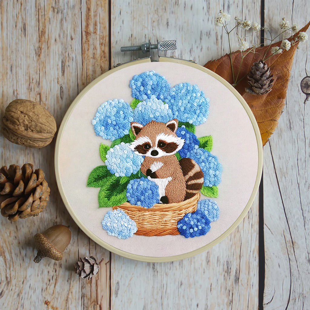 Rubbyoo Embroidery Kit- Cute Raccoon With Blue Flower Diy Craft Kits | For Craft Lover - image 5