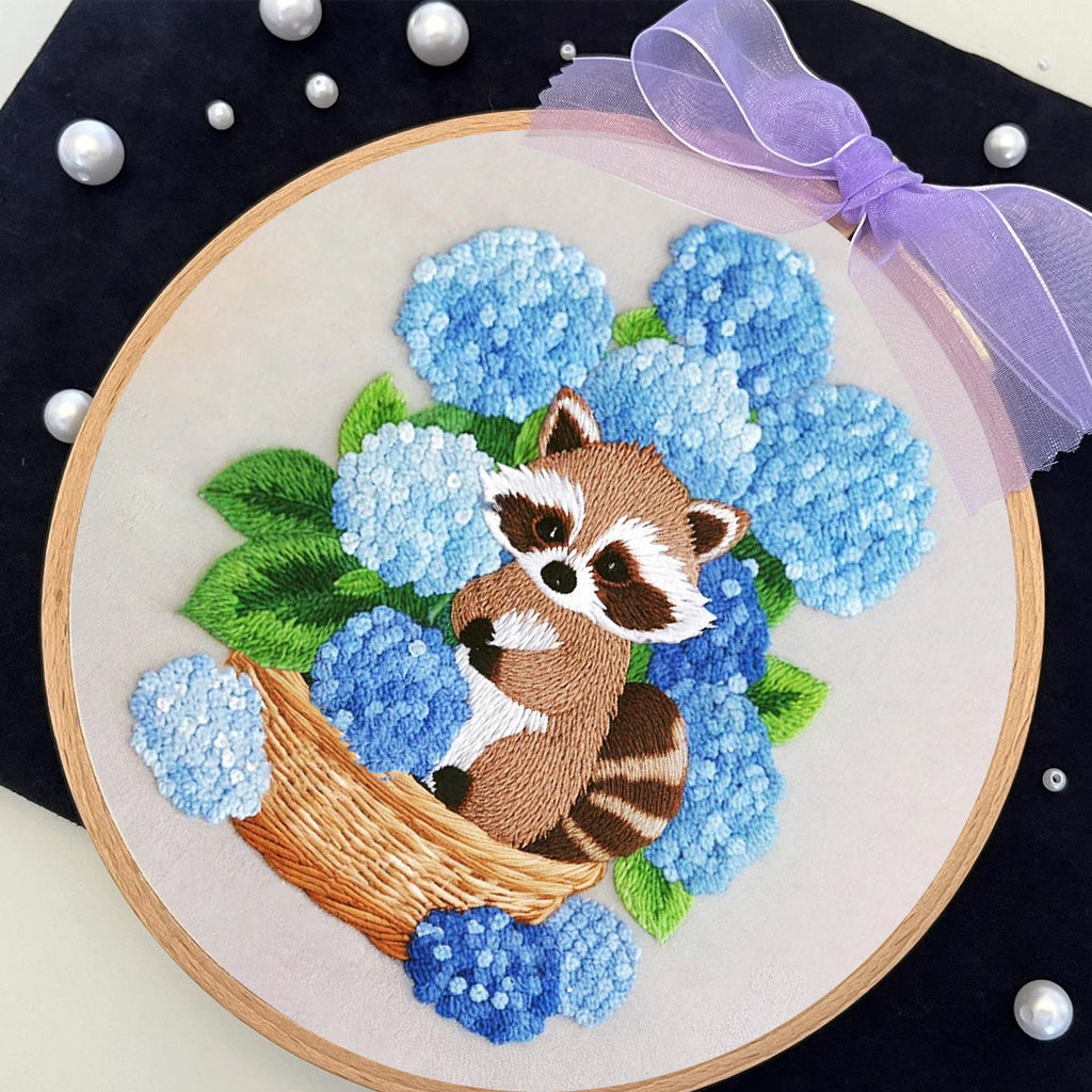 Rubbyoo Embroidery Kit- Cute Raccoon With Blue Flower Diy Craft Kits | For Craft Lover - image 6