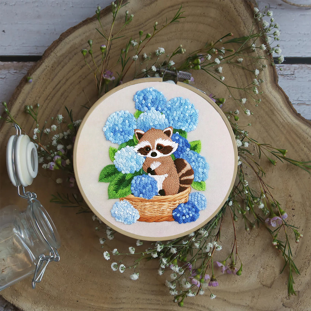 Rubbyoo Embroidery Kit- Cute Raccoon With Blue Flower Diy Craft Kits | For Craft Lover - image 4