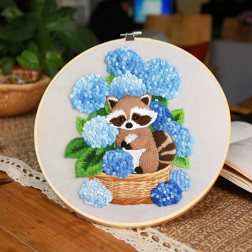 Rubbyoo Embroidery Kit- Cute Raccoon With Blue Flower Diy Craft Kits | For Craft Lover - image 3