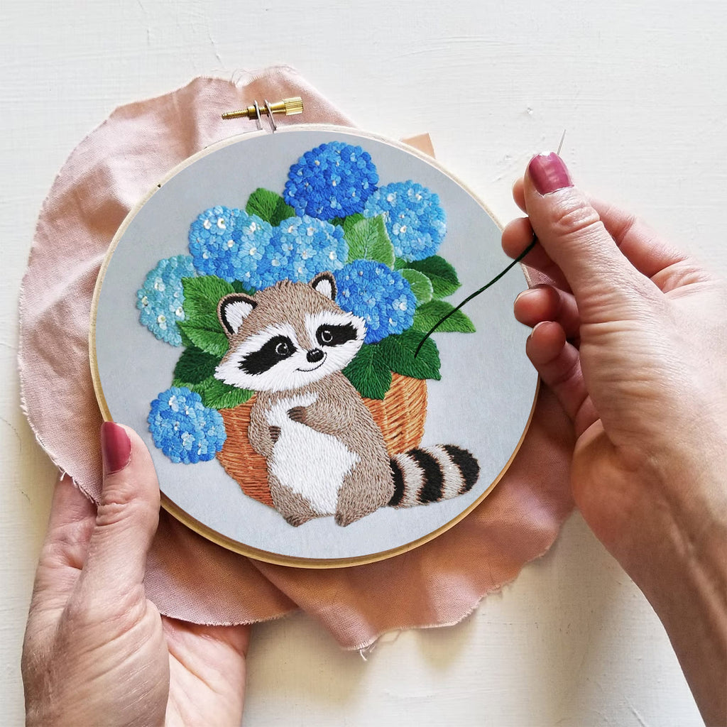 Rubbyoo Embroidery Kit- Cute Raccoon With Blue Flower 2 Diy Craft Kits | For Craft Lover - image 3