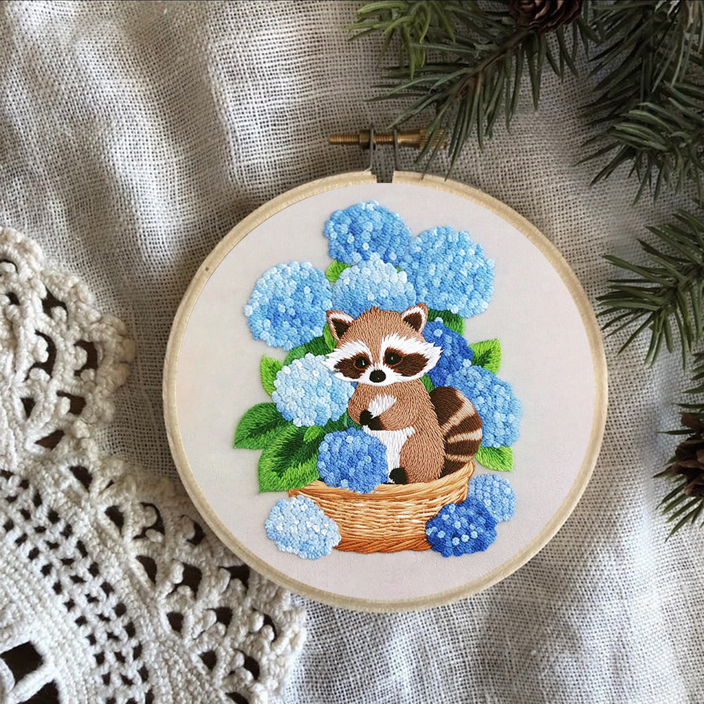 Rubbyoo Embroidery Kit- Cute Raccoon With Blue Flower Diy Craft Kits | For Craft Lover - image 8