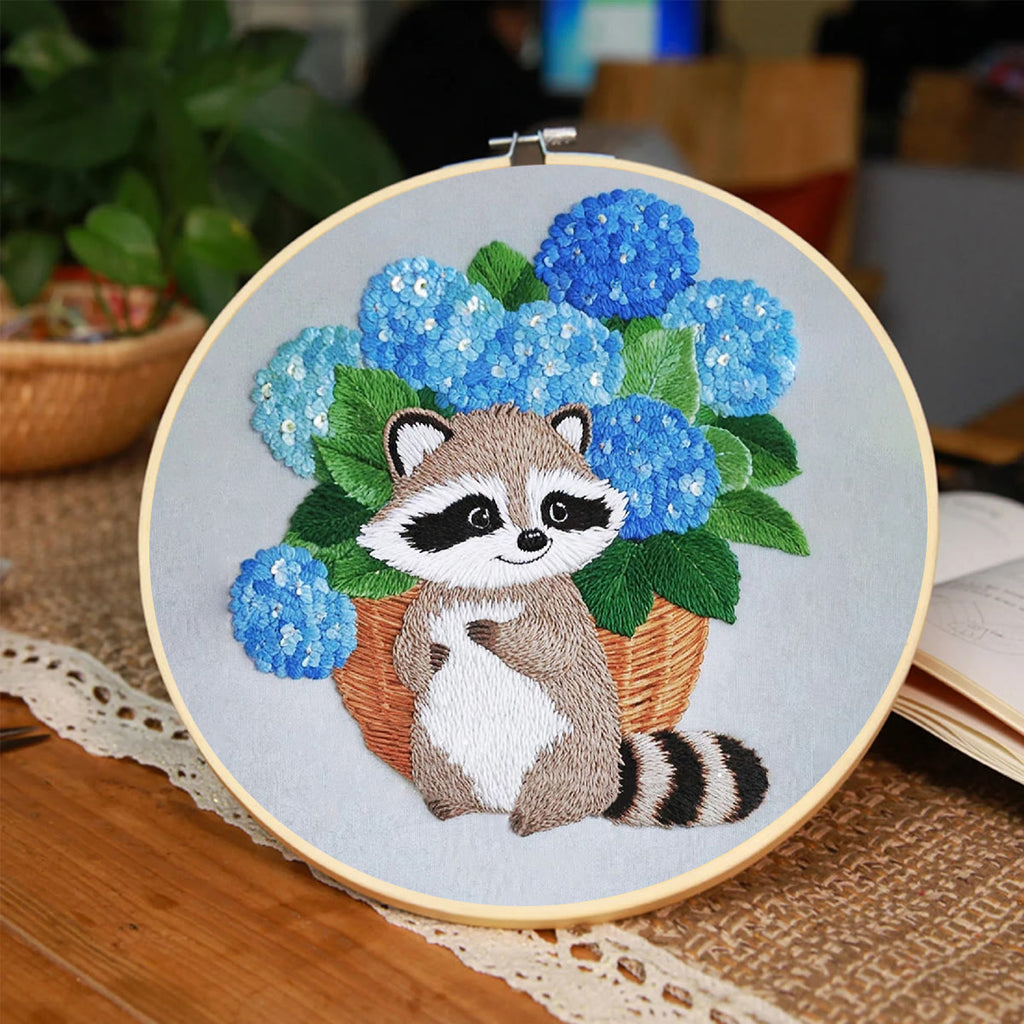 Rubbyoo Embroidery Kit- Cute Raccoon With Blue Flower 2 Diy Craft Kits | For Craft Lover - image 2
