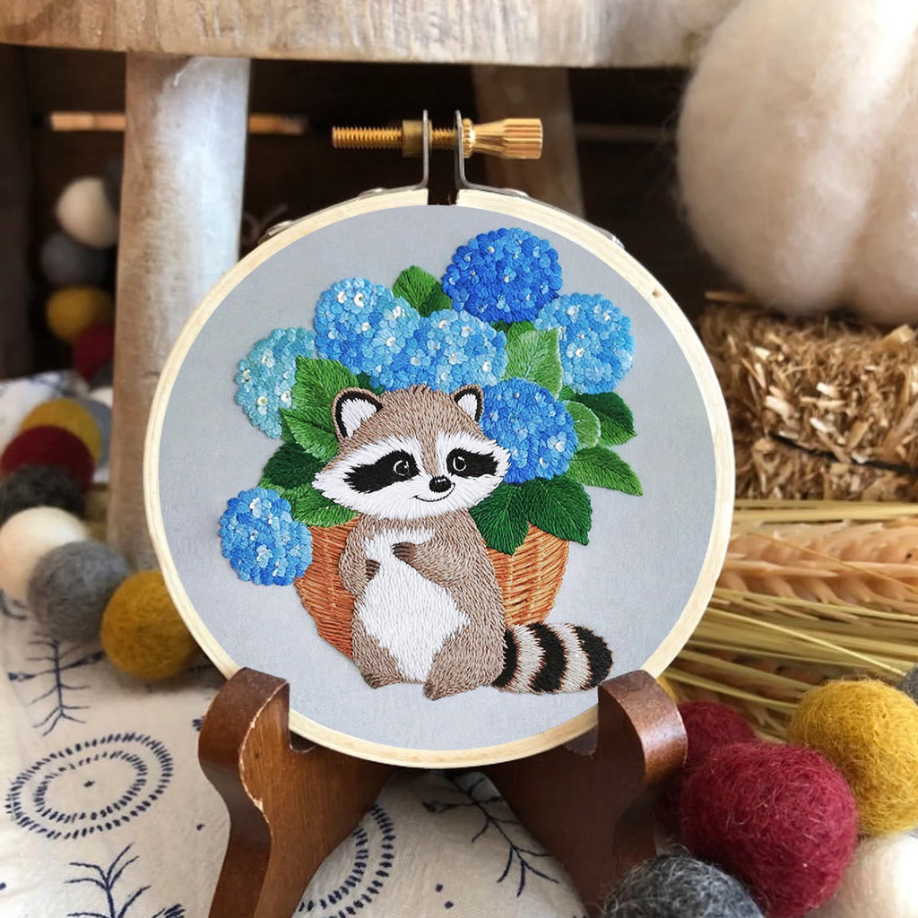 Rubbyoo Embroidery Kit- Cute Raccoon With Blue Flower 2 Diy Craft Kits | For Craft Lover - image 1