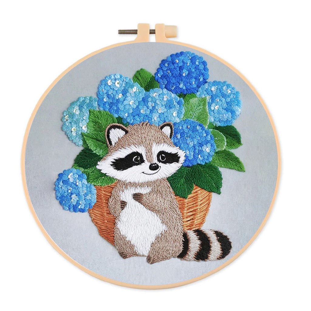 Rubbyoo Embroidery Kit- Cute Raccoon With Blue Flower 2 Diy Craft Kits | For Craft Lover - image 0