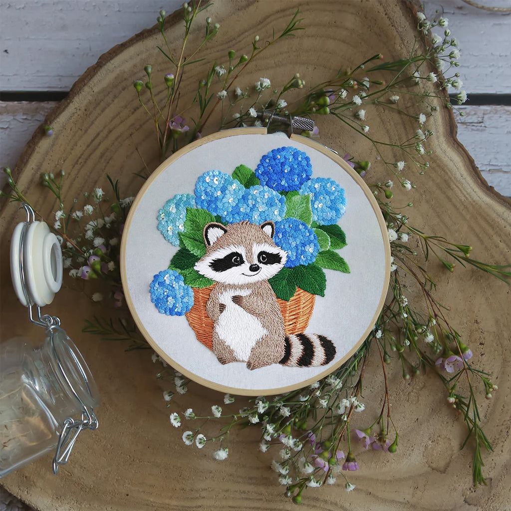 Rubbyoo Embroidery Kit- Cute Raccoon With Blue Flower 2 Diy Craft Kits | For Craft Lover - image 4