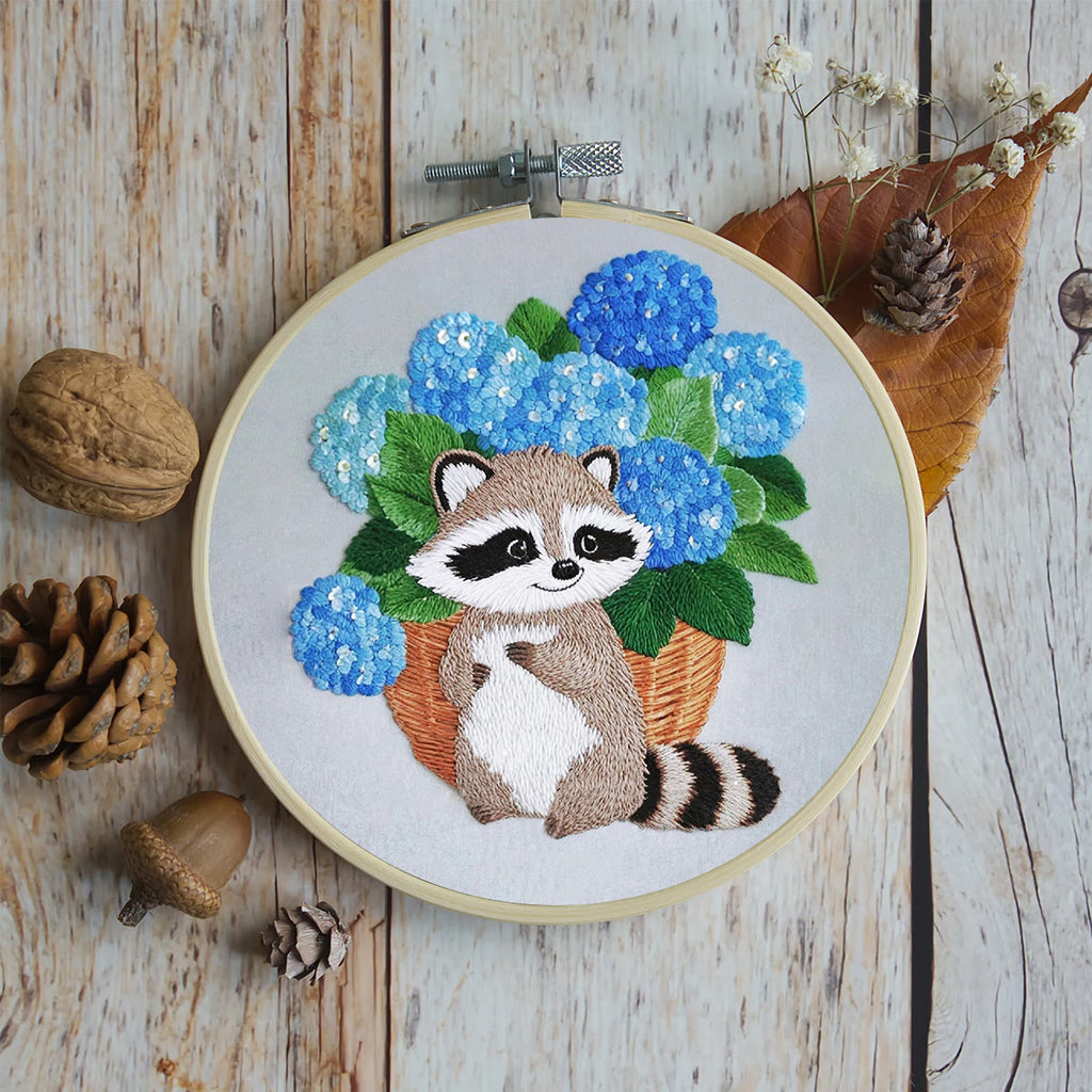 Rubbyoo Embroidery Kit- Cute Raccoon With Blue Flower 2 Diy Craft Kits | For Craft Lover - image 5