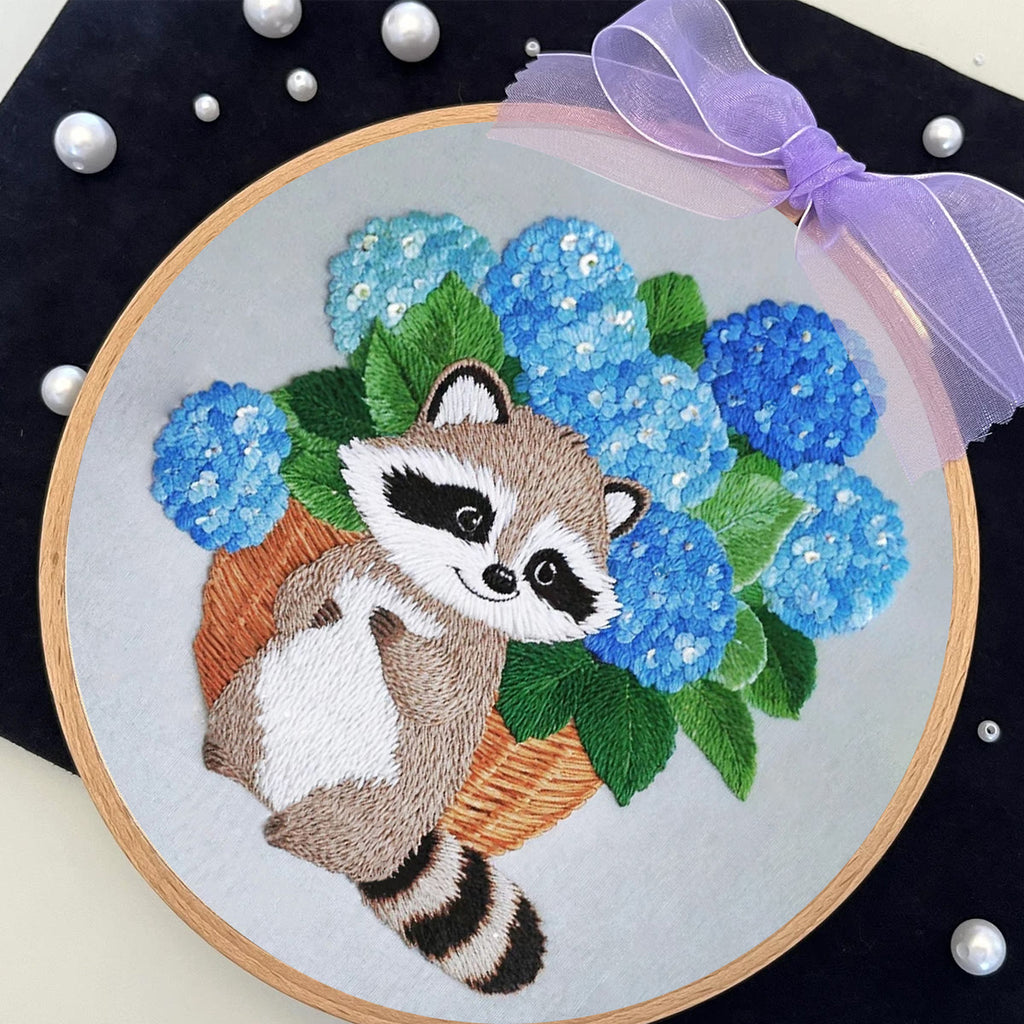 Rubbyoo Embroidery Kit- Cute Raccoon With Blue Flower 2 Diy Craft Kits | For Craft Lover - image 6