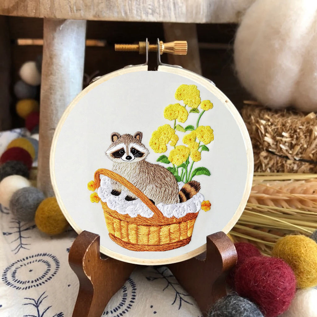 Rubbyoo Embroidery Kit- Cute Raccoon With Yellow Flower Diy Craft Kits | For Craft Lover - image 1