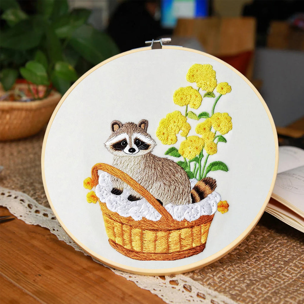Rubbyoo Embroidery Kit- Cute Raccoon With Yellow Flower Diy Craft Kits | For Craft Lover - image 2