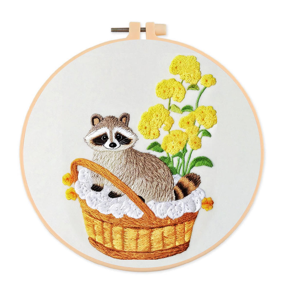 Rubbyoo Embroidery Kit- Cute Raccoon With Yellow Flower Diy Craft Kits | For Craft Lover - image 0