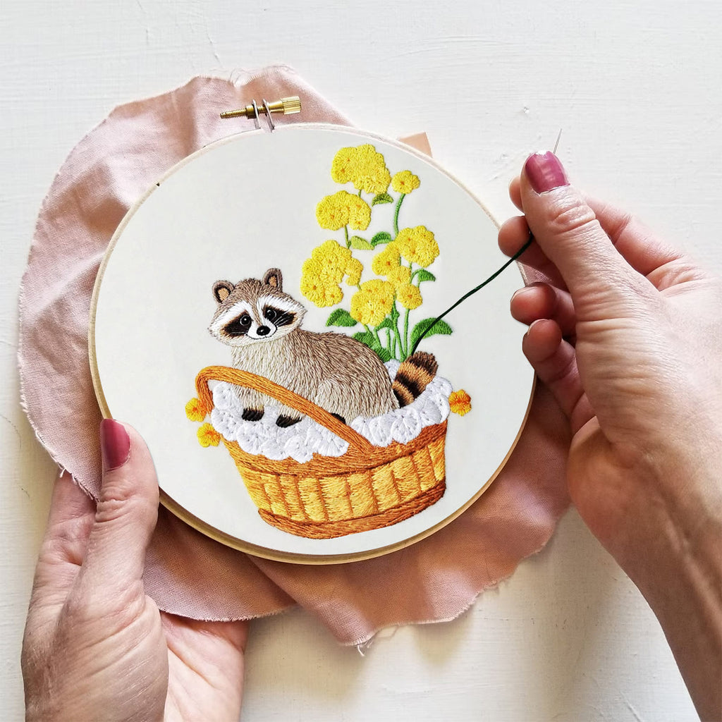 Rubbyoo Embroidery Kit- Cute Raccoon With Yellow Flower Diy Craft Kits | For Craft Lover - image 3