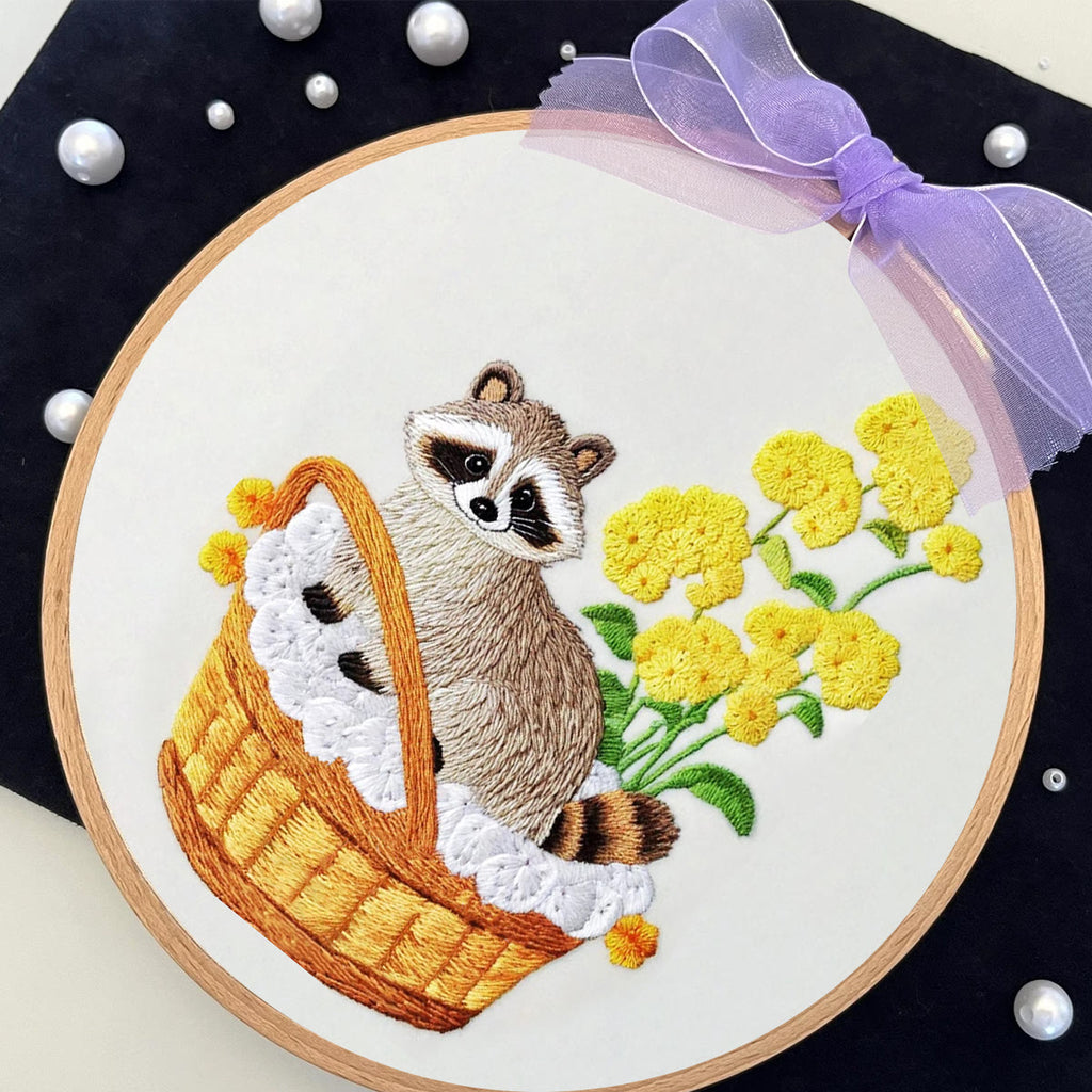 Rubbyoo Embroidery Kit- Cute Raccoon With Yellow Flower Diy Craft Kits | For Craft Lover - image 4