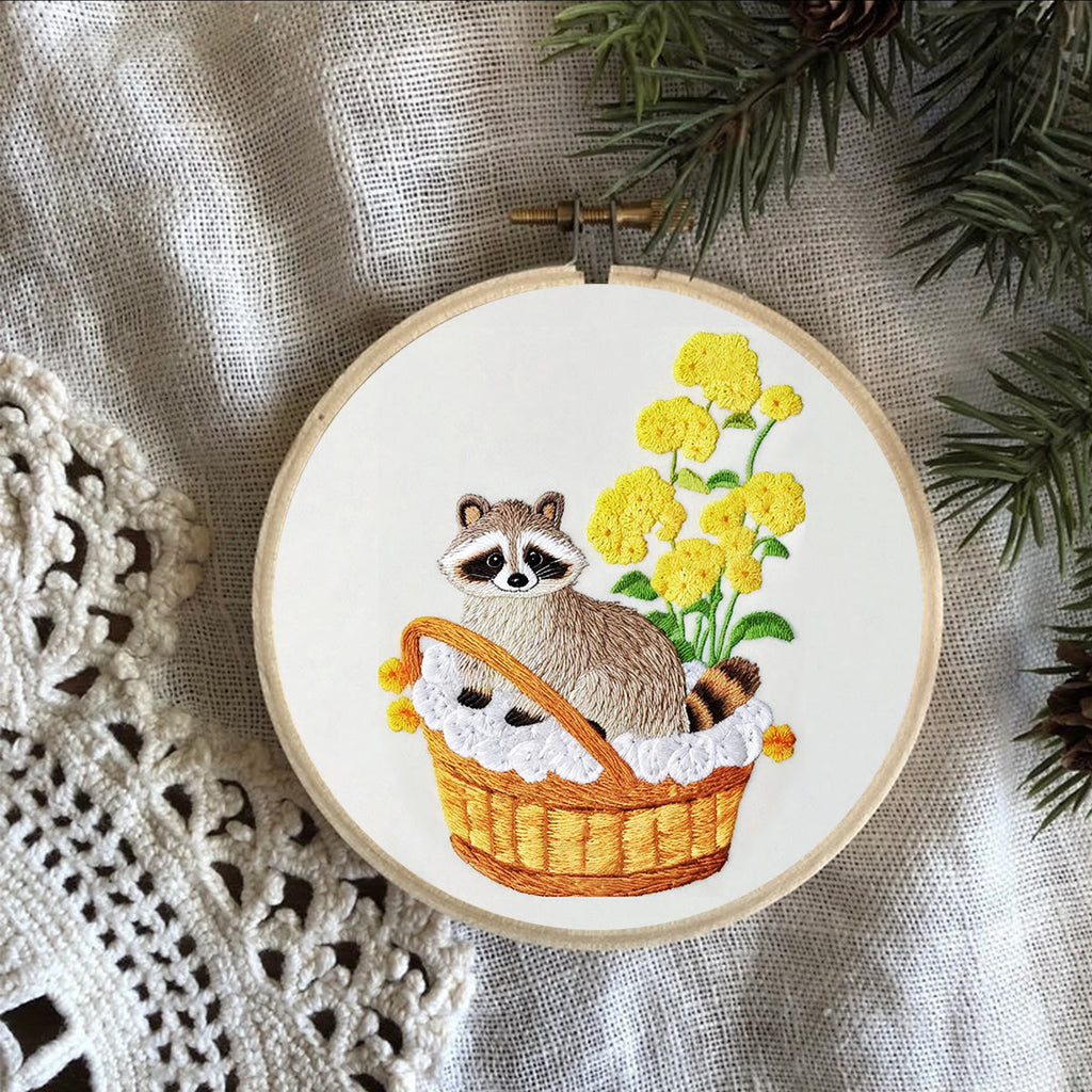 Rubbyoo Embroidery Kit- Cute Raccoon With Yellow Flower Diy Craft Kits | For Craft Lover - image 8
