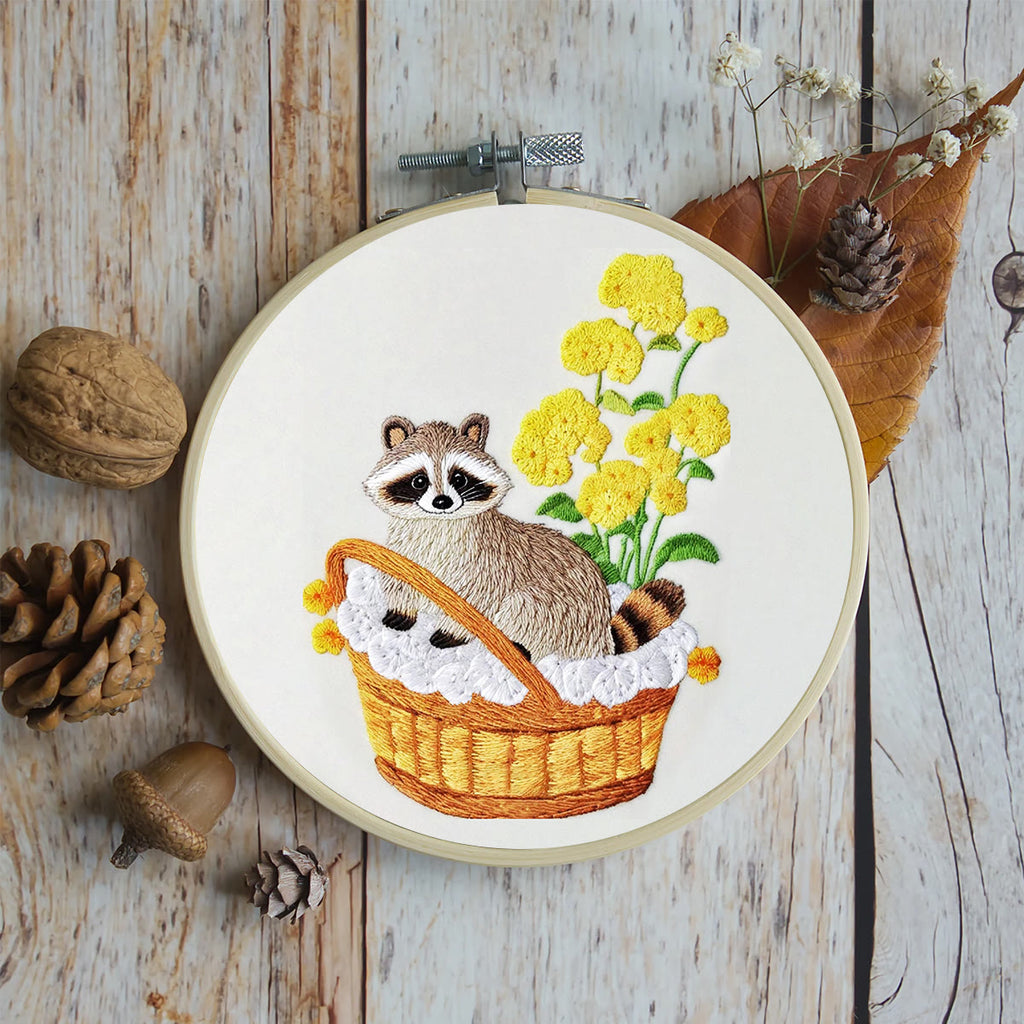 Rubbyoo Embroidery Kit- Cute Raccoon With Yellow Flower Diy Craft Kits | For Craft Lover - image 6