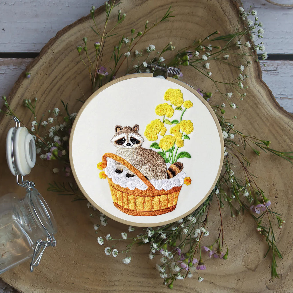 Rubbyoo Embroidery Kit- Cute Raccoon With Yellow Flower Diy Craft Kits | For Craft Lover - image 5