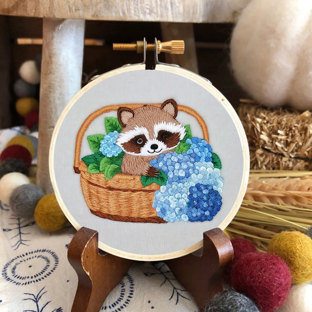 Rubbyoo Embroidery Kit-cute Raccoon In Basket Diy Craft Kits | For Craft Lover - image 1