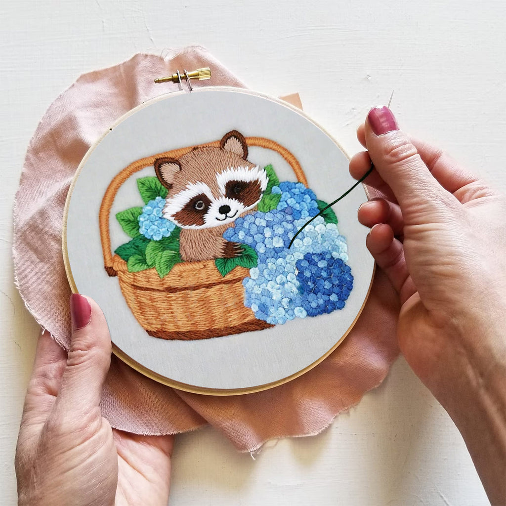 Rubbyoo Embroidery Kit-cute Raccoon In Basket Diy Craft Kits | For Craft Lover - image 3