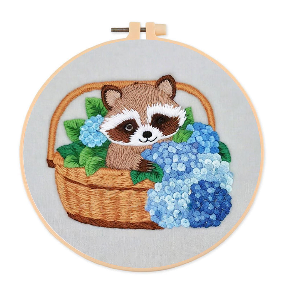 Rubbyoo Embroidery Kit-cute Raccoon In Basket Diy Craft Kits | For Craft Lover - image 0