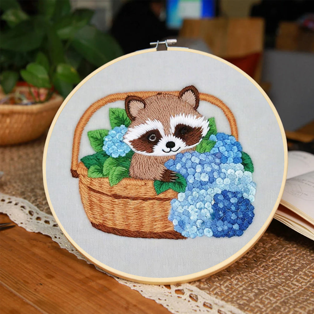 Rubbyoo Embroidery Kit-cute Raccoon In Basket Diy Craft Kits | For Craft Lover - image 2