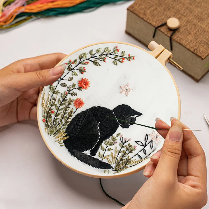 Rubbyoo Embroidery Kit - Floral Black Cat  - image 1