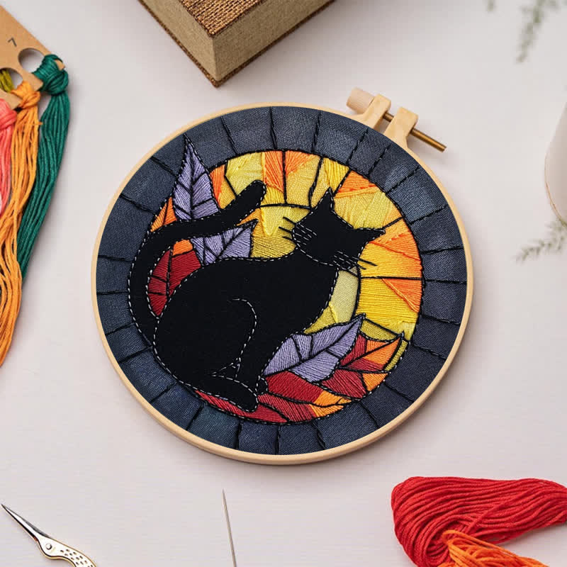 Rubbyoo Embroidery Kit - Halloween Black Cat Stained Glass - image 2