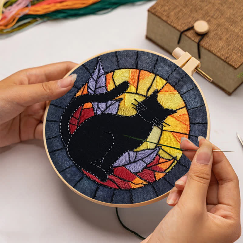 Rubbyoo Embroidery Kit - Halloween Black Cat Stained Glass - image 1