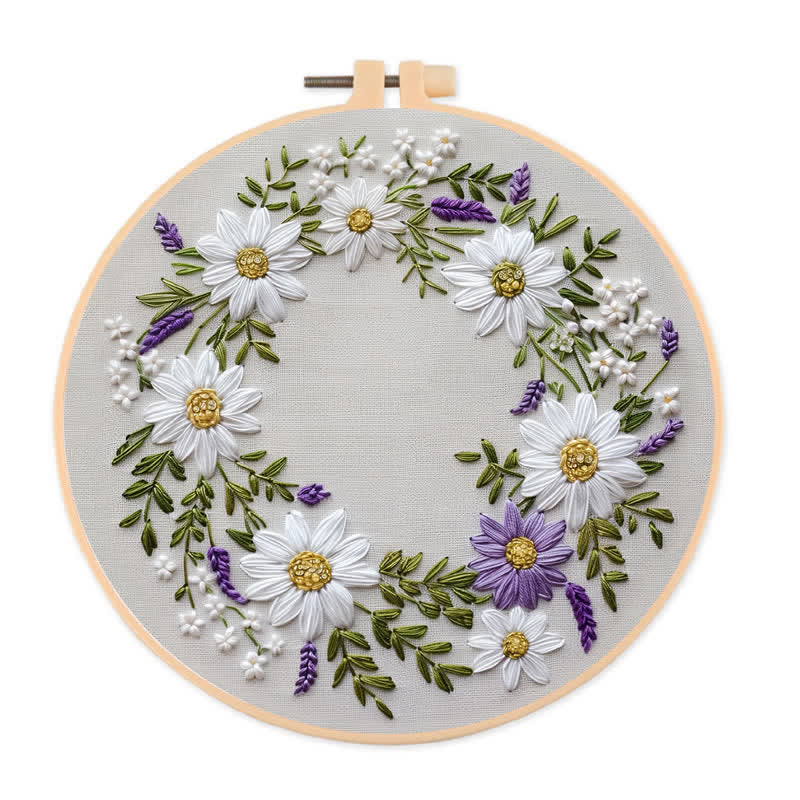 Rubbyoo Embroidery Kit - Daisy and Purple Floral Wreath - 20*20cm - image 0