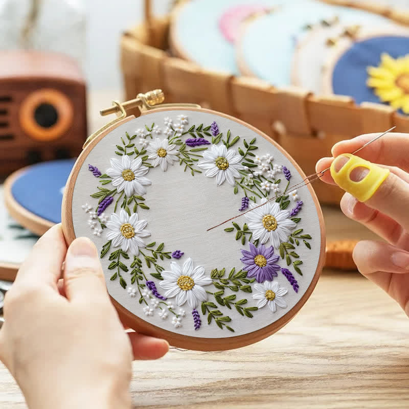 Rubbyoo Embroidery Kit - Daisy and Purple Floral Wreath - image 1