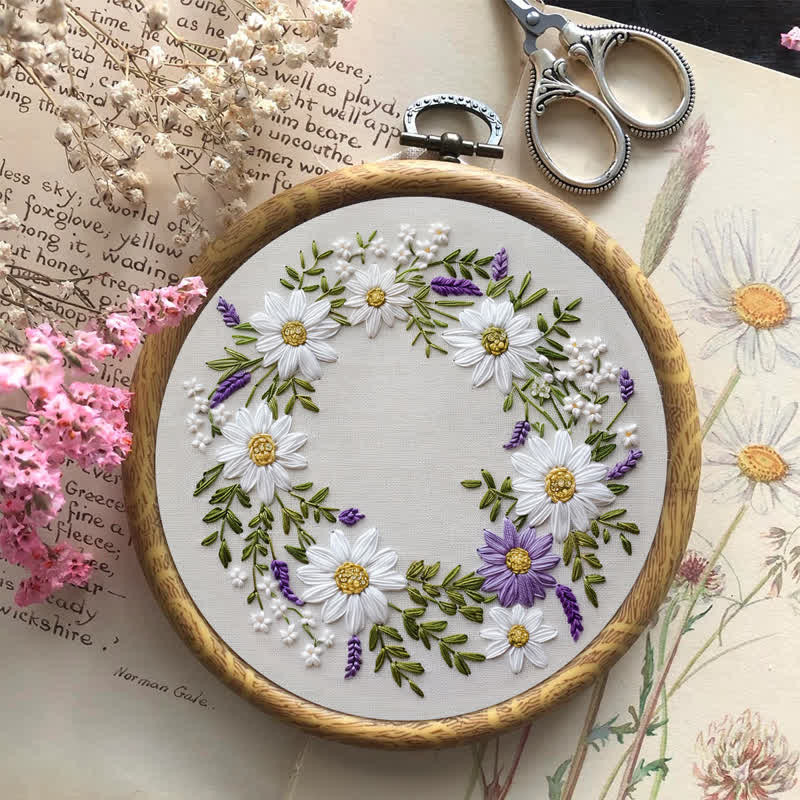 Rubbyoo Embroidery Kit - Daisy and Purple Floral Wreath - image 4