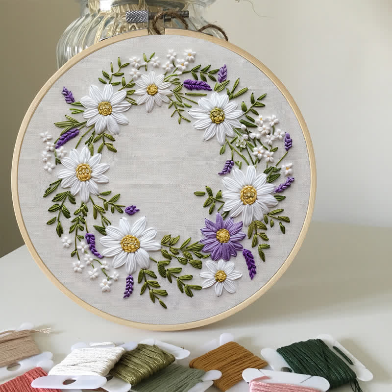 Rubbyoo Embroidery Kit - Daisy and Purple Floral Wreath - image 3