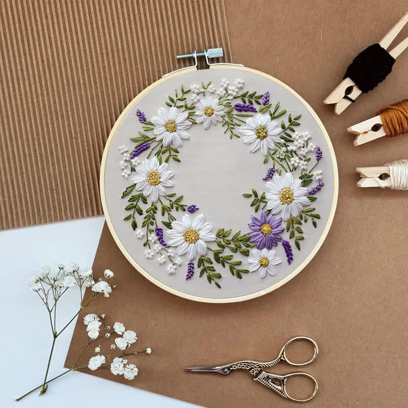 Rubbyoo Embroidery Kit - Daisy and Purple Floral Wreath - image 7