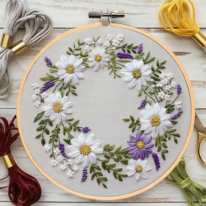 Rubbyoo Embroidery Kit - Daisy and Purple Floral Wreath - image 5