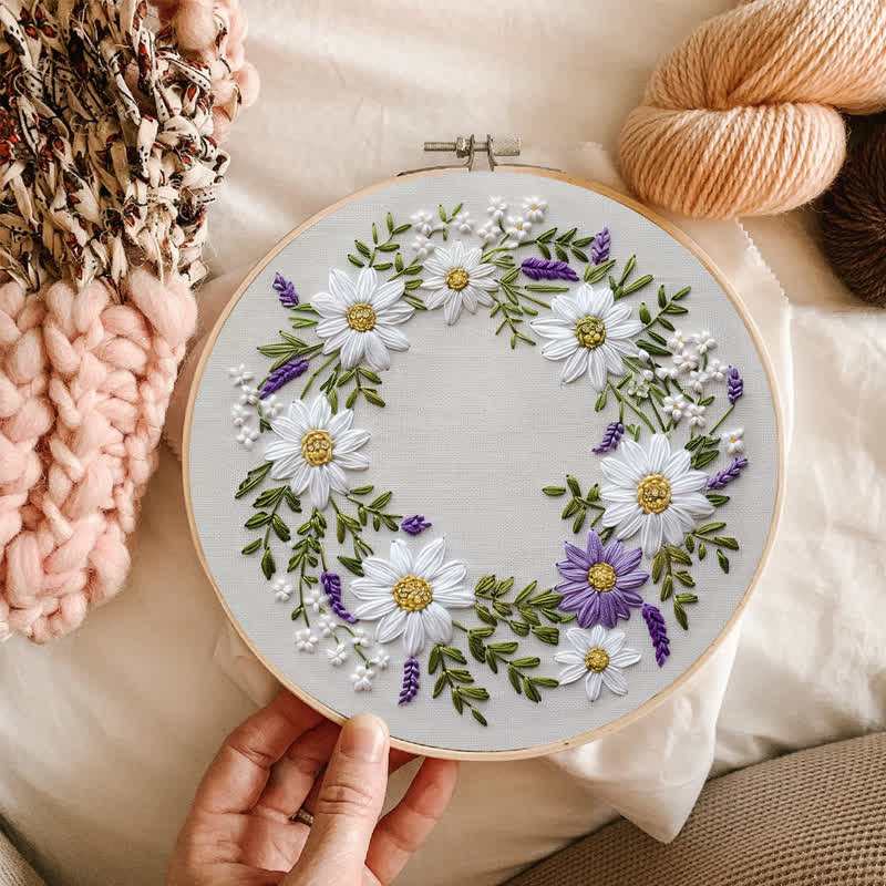 Rubbyoo Embroidery Kit - Daisy and Purple Floral Wreath - image 6