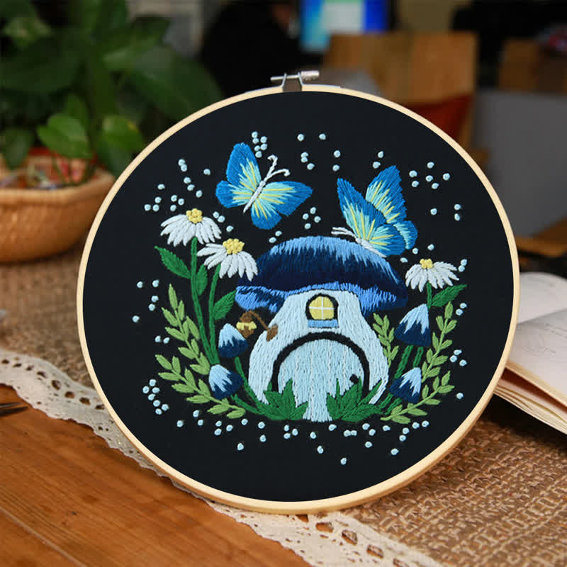 Rubbyoo Embroidery Kit - Blue Dreamy Glowing Mushroom House - image 1