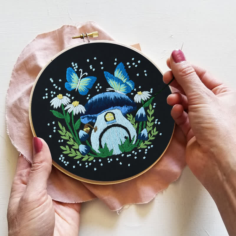 Rubbyoo Embroidery Kit - Blue Dreamy Glowing Mushroom House - image 3