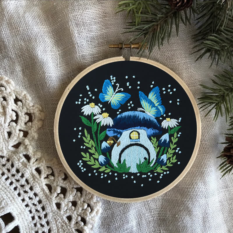 Rubbyoo Embroidery Kit - Blue Dreamy Glowing Mushroom House - image 7