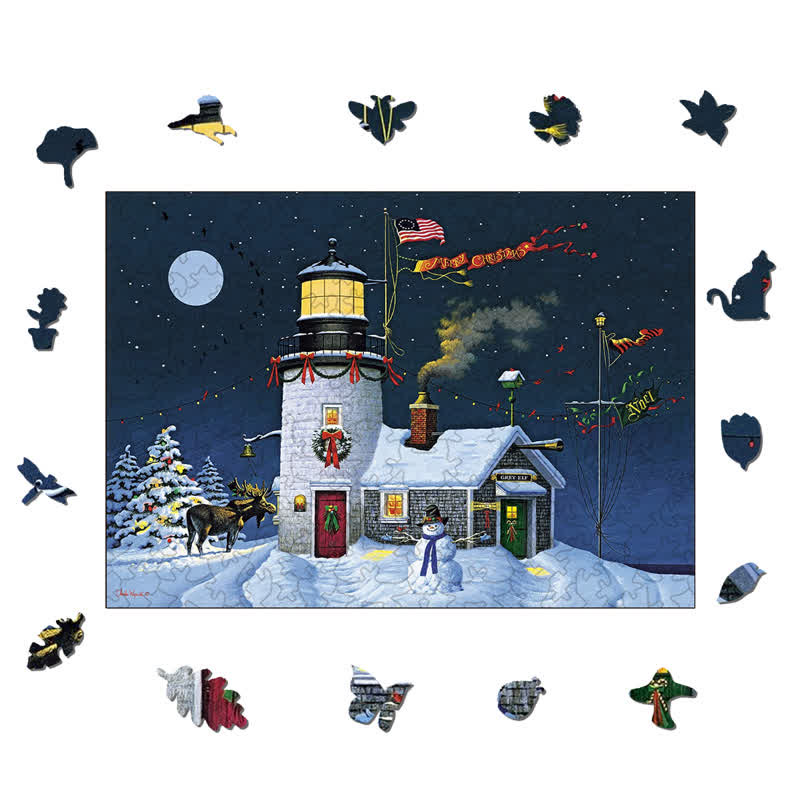 Rubbyoo Light & Bright Christmas House Flag - Wooden Jigsaw Puzzle - image 1