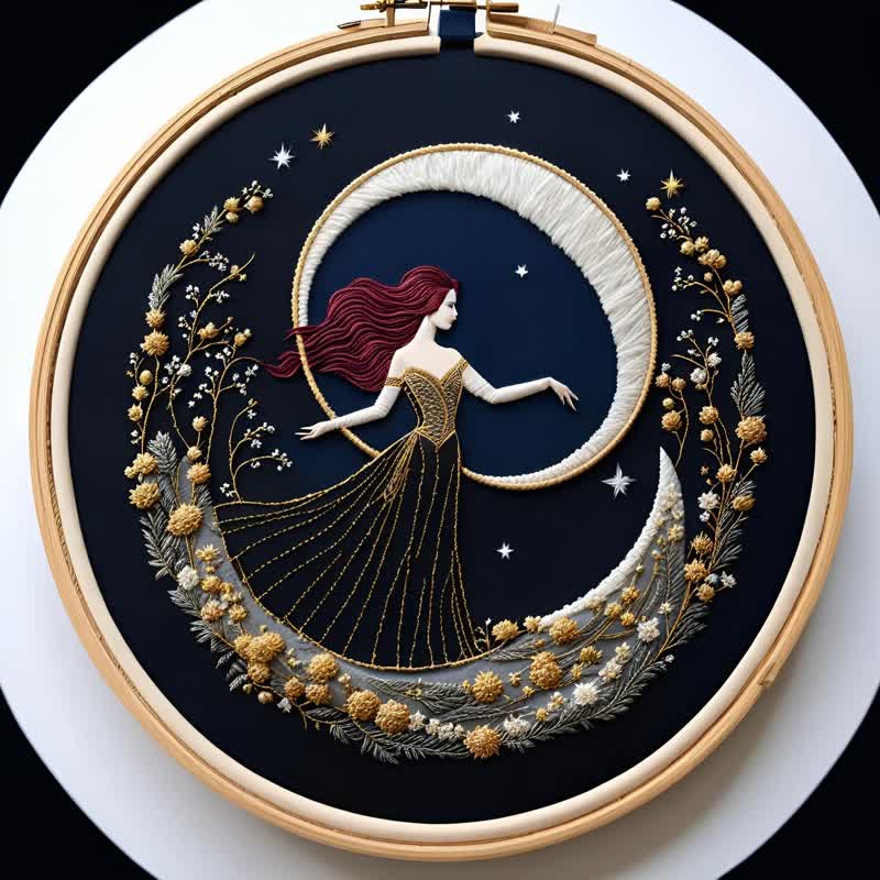 Rubbyoo Embroidery Kit - "Girl On A Moonlit Night" Embroidery Hoop Art - image 1