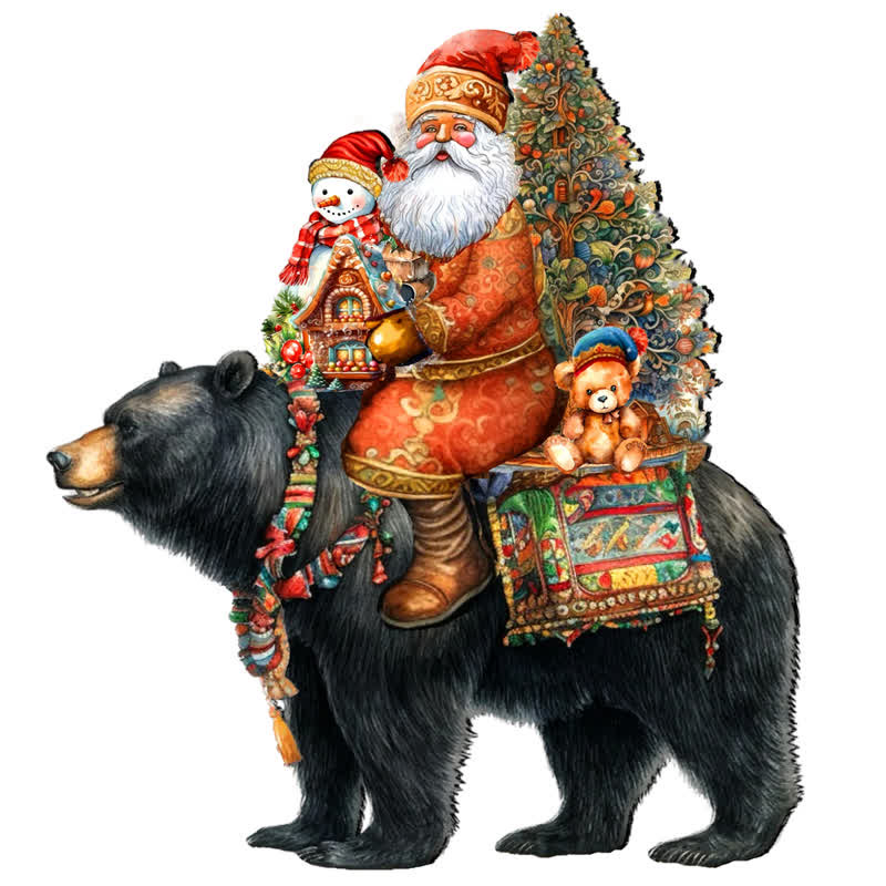 Rubbyoo Santa on Black Bear - Wooden Jigsaw Puzzle - A3 - Wooden Gift Packaging - image 0